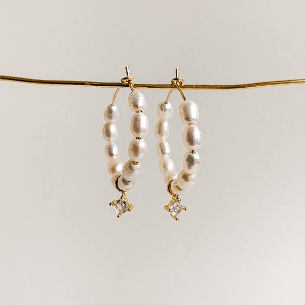 Pearl Hoop Earrings with Cubic Zirconia Drop - Adorned by Ruth