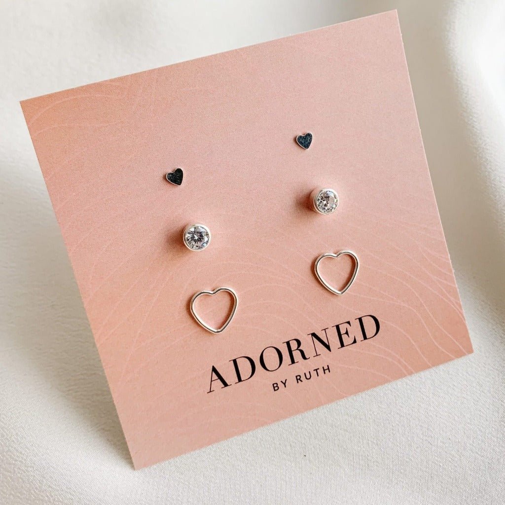 Silver Heart Stud Earrings Set - Adorned by Ruth
